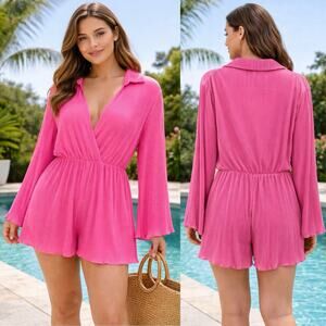 Showpo Elowen Collared Long Sleeve Plisse Playsuit Romper 12 Barbiecore Vacation